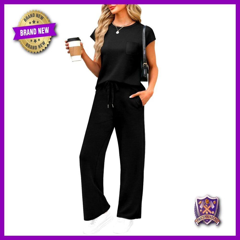 Women's 2-Piece Lounge Set Cap Sleeve Top Wide Leg Pants Travel Casual